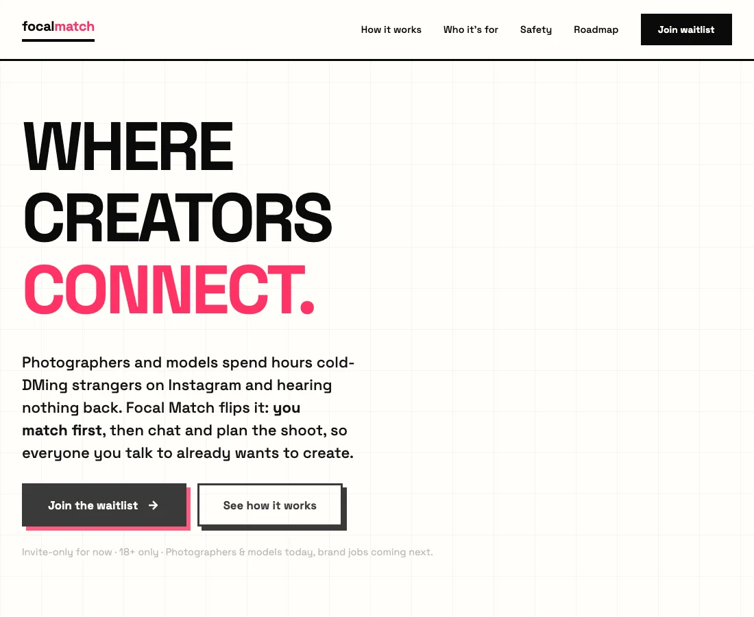 Focal Match's public website, headed Where Creators Connect, with a waitlist link.